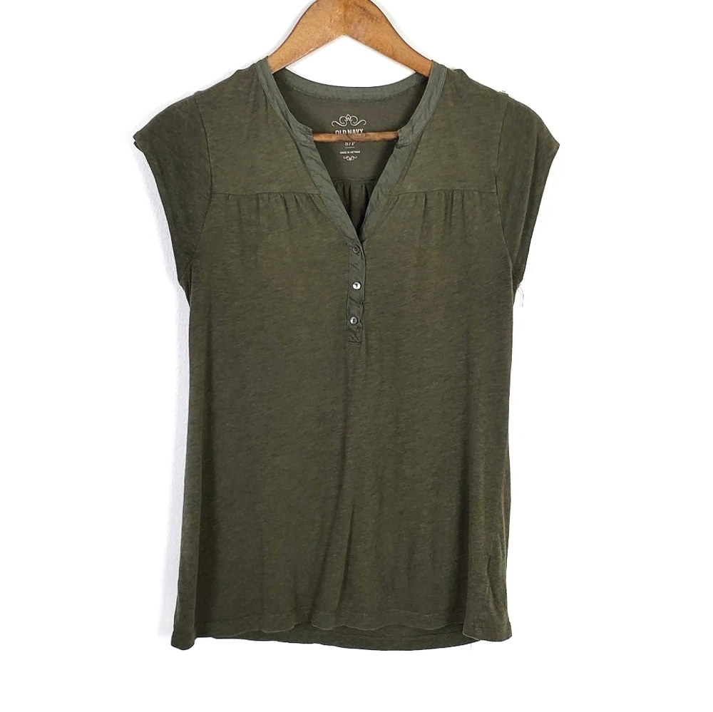 Old Navy Womens Green Cotton V Neck Top Cap Sleeve Petite Shirt Size S